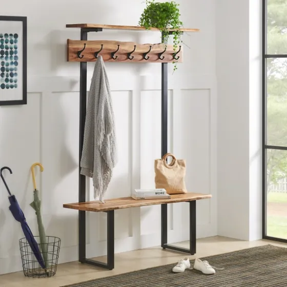 Acacia Wood Modern Storage Hooks Hall Tree-Kirkland's Home Best Sale