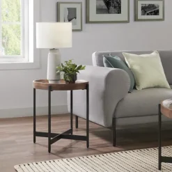 Acacia Wood Round Tray Top Side Table-Kirkland's Home Shop