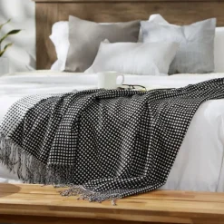 And White Waffle Knit Fringe Throw-Kirkland's Home Fashion