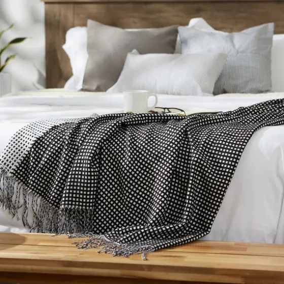 And White Waffle Knit Fringe Throw-Kirkland's Home Fashion