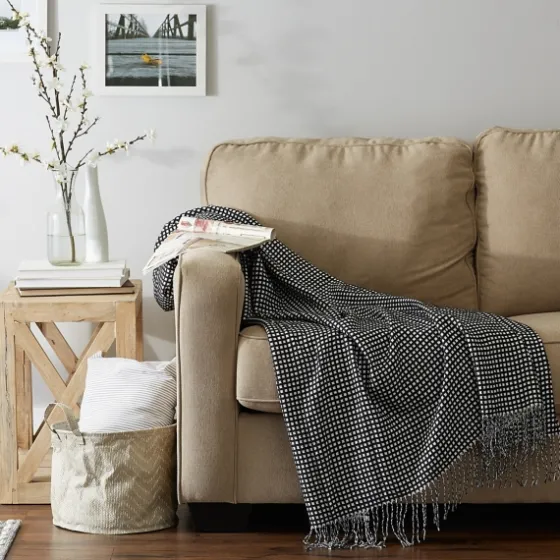 And White Waffle Knit Fringe Throw-Kirkland's Home Fashion