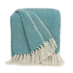 Aqua Chevron Cotton Handloomed Tassel Throw-Kirkland's Home Shop