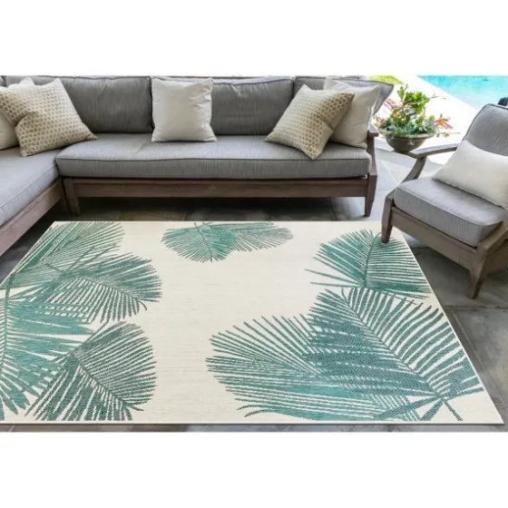 Aqua Forest Leaf Indoor/Outdoor Area Rug, 6X9-Kirkland's Home New