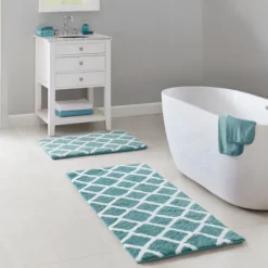 Aqua Geometric Pattern Reversible Bath Mat, 34 In-Kirkland's Home Sale