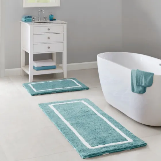 Aqua Geometric Pattern Reversible Bath Mat, 34 In-Kirkland's Home Sale