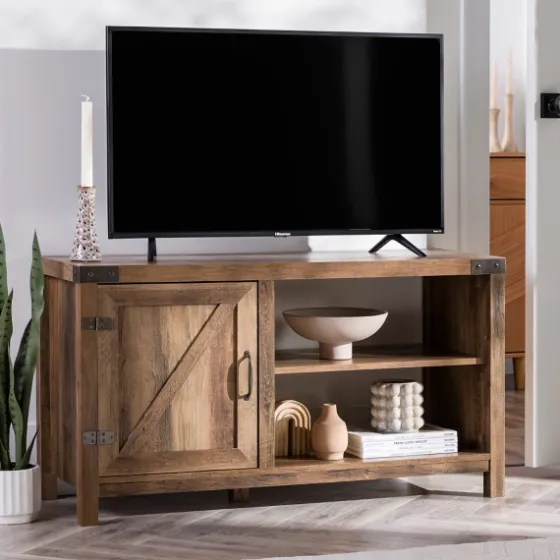 Barn Door Rustic Oak Tv Stand With Open Shelves-Kirkland's Home Best Sale