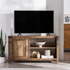 Barn Door Rustic Oak Tv Stand With Open Shelves-Kirkland's Home Best Sale