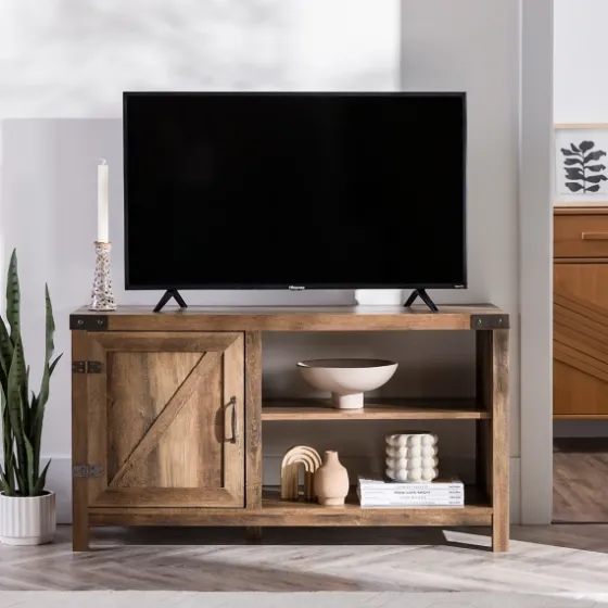 Barn Door Rustic Oak Tv Stand With Open Shelves-Kirkland's Home Best Sale
