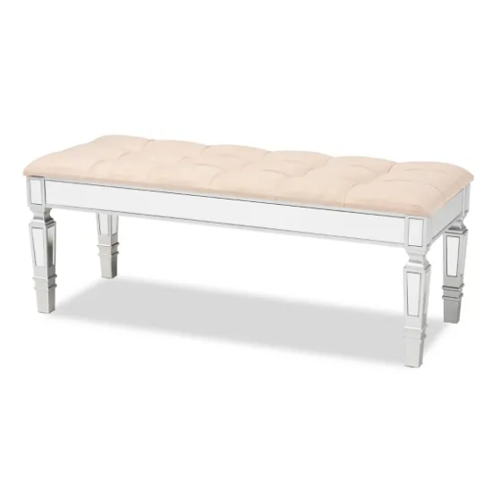 Beige Button Tufted Bench With Mirrored Base-Kirkland's Home Cheap