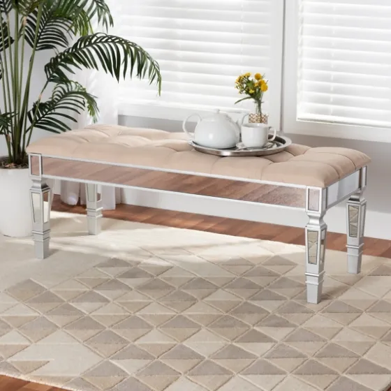 Beige Button Tufted Bench With Mirrored Base-Kirkland's Home Cheap