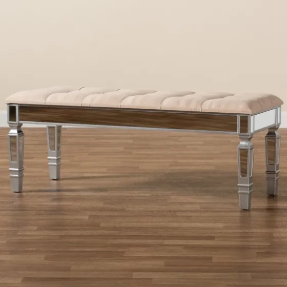Beige Button Tufted Bench With Mirrored Base-Kirkland's Home Cheap