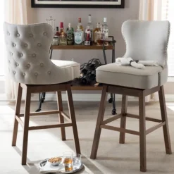 Beige Button Tufted Swivel Bar Stools, Set Of 2-Kirkland's Home Flash Sale