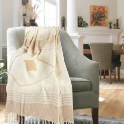 Beige Cotton Diamond Geometric Fringe Throw-Kirkland's Home New