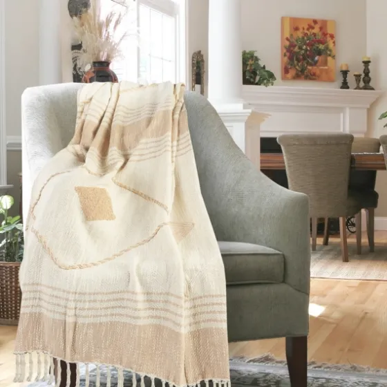 Beige Cotton Diamond Geometric Fringe Throw-Kirkland's Home New