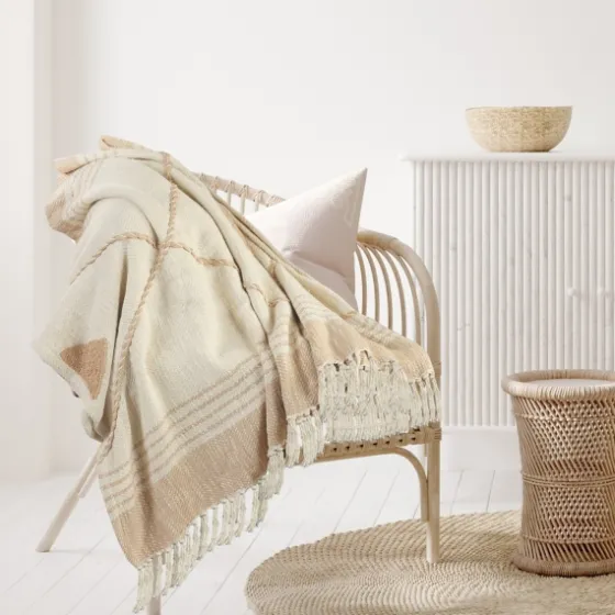 Beige Cotton Diamond Geometric Fringe Throw-Kirkland's Home New