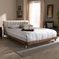 Beige Tufted And Natural Walnut Full Platform Bed-Kirkland's Home New