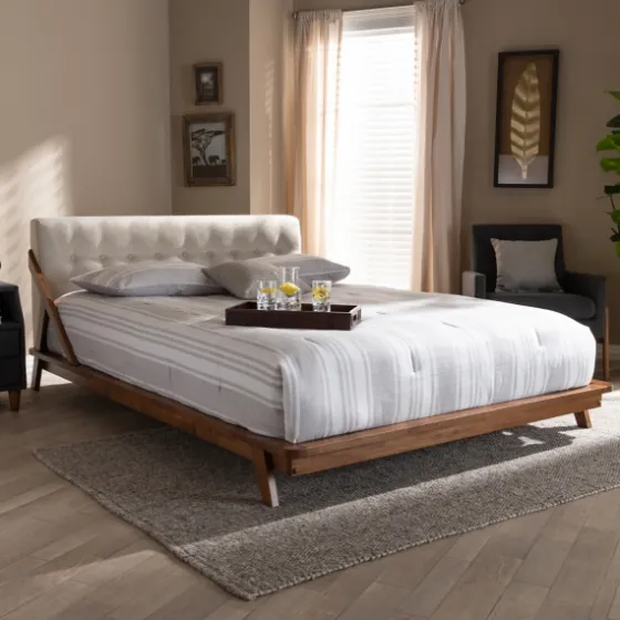 Beige Tufted And Natural Walnut Full Platform Bed-Kirkland's Home New