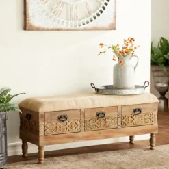 Beige Upholstered Acanthus Carved Wooden Bench-Kirkland's Home Best Sale