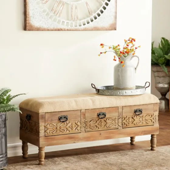 Beige Upholstered Acanthus Carved Wooden Bench-Kirkland's Home Best Sale