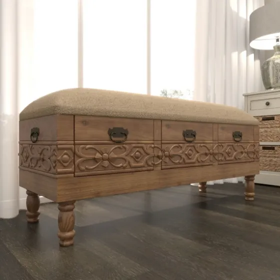 Beige Upholstered Acanthus Carved Wooden Bench-Kirkland's Home Best Sale