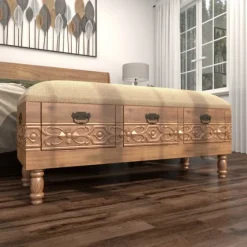 Beige Upholstered Acanthus Carved Wooden Bench-Kirkland's Home Best Sale