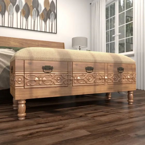 Beige Upholstered Acanthus Carved Wooden Bench-Kirkland's Home Best Sale