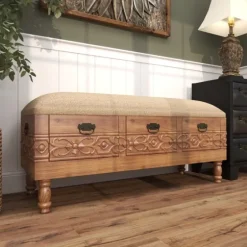 Beige Upholstered Acanthus Carved Wooden Bench-Kirkland's Home Best Sale