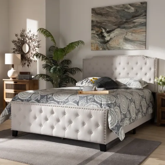 Beige Upholstered Button Tufted King Panel Bed-Kirkland's Home Best Sale