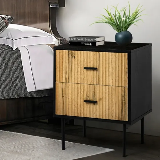 Black And Natural Wood 2-Drawer Nightstand-Kirkland's Home Store