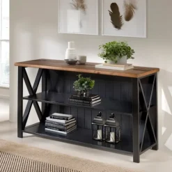 Black And Rustic Oak Wood Farmhouse Console Table-Kirkland's Home Fashion