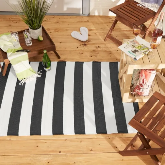 Black And White Rugby Stripe Outdoor Area Rug, 5X8-Kirkland's Home Clearance