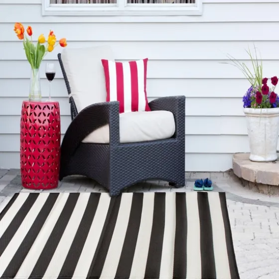 Black And White Rugby Stripe Outdoor Area Rug, 5X8-Kirkland's Home Clearance