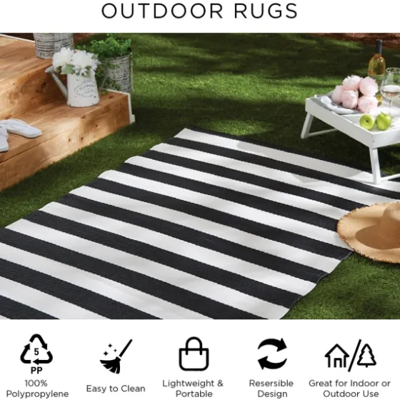 Black And White Rugby Stripe Outdoor Area Rug, 5X8-Kirkland's Home Clearance
