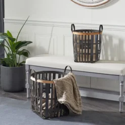 Black Bamboo Metal Woven Baskets, Set Of 2-Kirkland's Home Store
