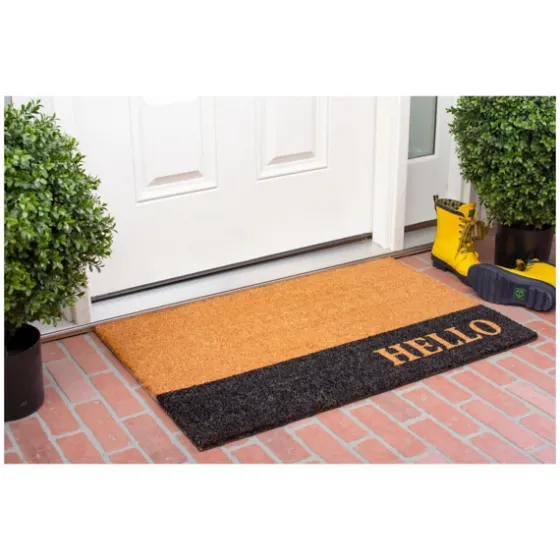 Black Hello Bold Stripe Coir Doormat, 24 In.-Kirkland's Home Discount