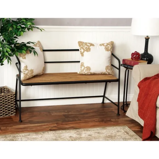 Black Iron And Wooden Seat Industrial Bench-Kirkland's Home Cheap