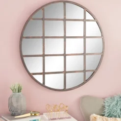 Black Metal Grid Overlay Round Mirror-Kirkland's Home Online