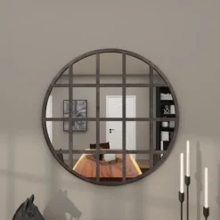 Black Metal Grid Overlay Round Mirror-Kirkland's Home Online
