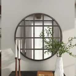 Black Metal Grid Overlay Round Mirror-Kirkland's Home Online