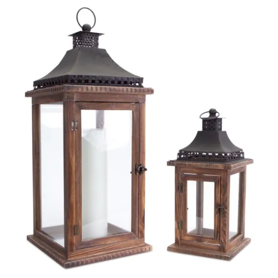 Black Metal Top Wood Lanterns, Set Of 2-Kirkland's Home Best Sale