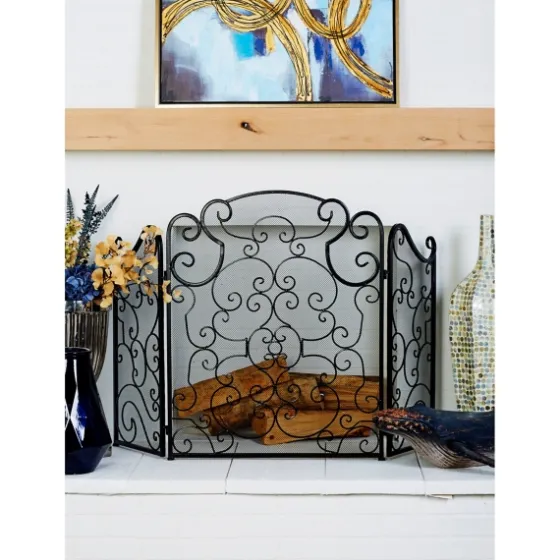 Black Metallic Scroll Three-Panel Fire Screen-Kirkland's Home Fashion