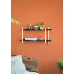 Black Rattan Wrapped Double Tiered Wall Shelf-Kirkland's Home Fashion
