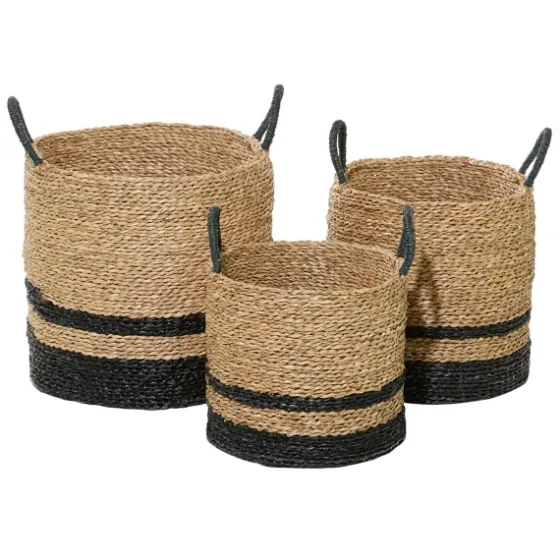 Black Stripe Sea Grass Baskets, Set Of 3-Kirkland's Home Fashion