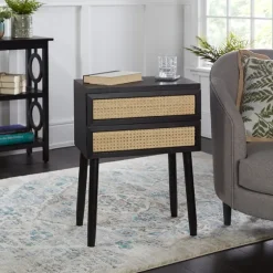 Black Two-Drawer Rattan Front Accent Table-Kirkland's Home Fashion