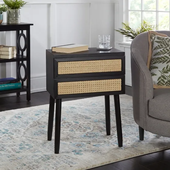 Black Two-Drawer Rattan Front Accent Table-Kirkland's Home Fashion