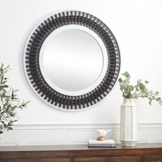 Black White Distressed Wood Rope Fiber Wall Mirror-Kirkland's Home Shop