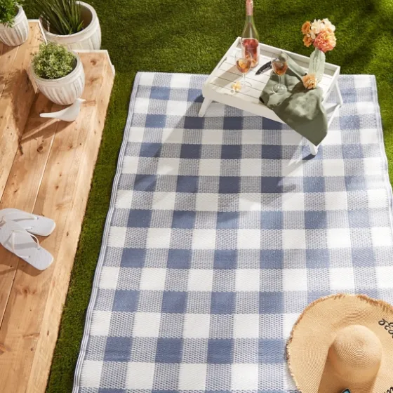 Blue & White Buffalo Check Outdoor Area Rug, 4X6-Kirkland's Home Online