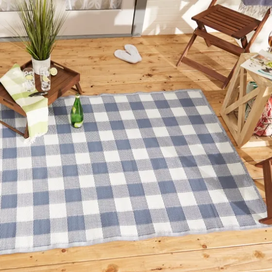 Blue & White Buffalo Check Outdoor Area Rug, 4X6-Kirkland's Home Online