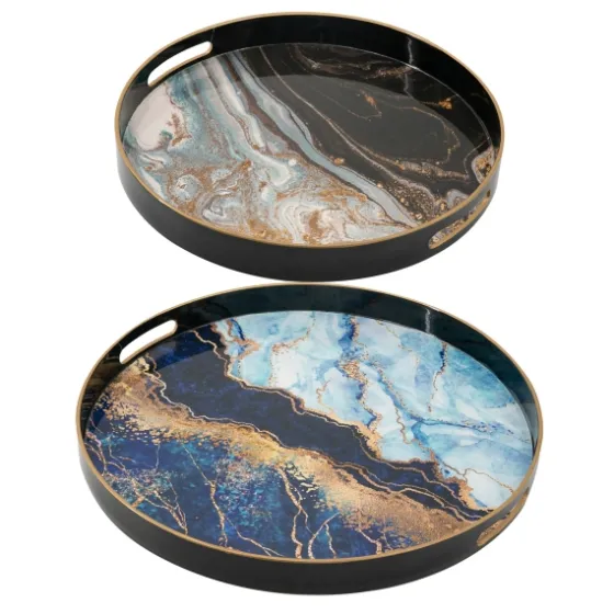 Blue And Gray Round Abstract Trays, Set Of 2-Kirkland's Home Cheap