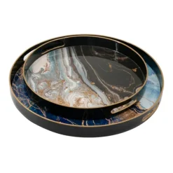 Blue And Gray Round Abstract Trays, Set Of 2-Kirkland's Home Cheap